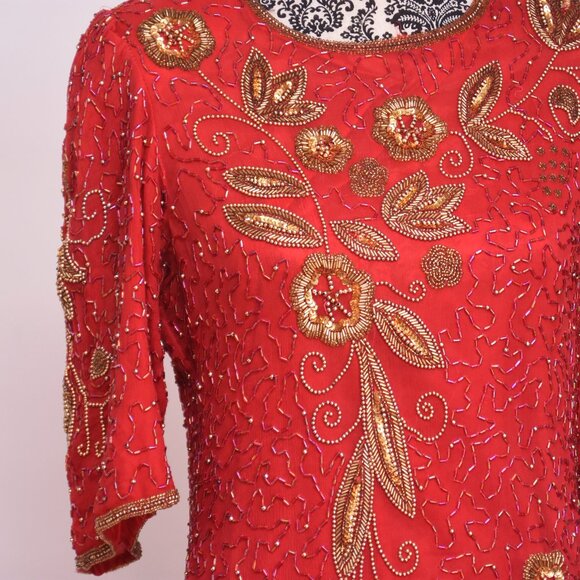 Vintage 80's Red and Gold Beaded Silk Top w/Shoulder Pads Size 12 - Picture 5 of 16